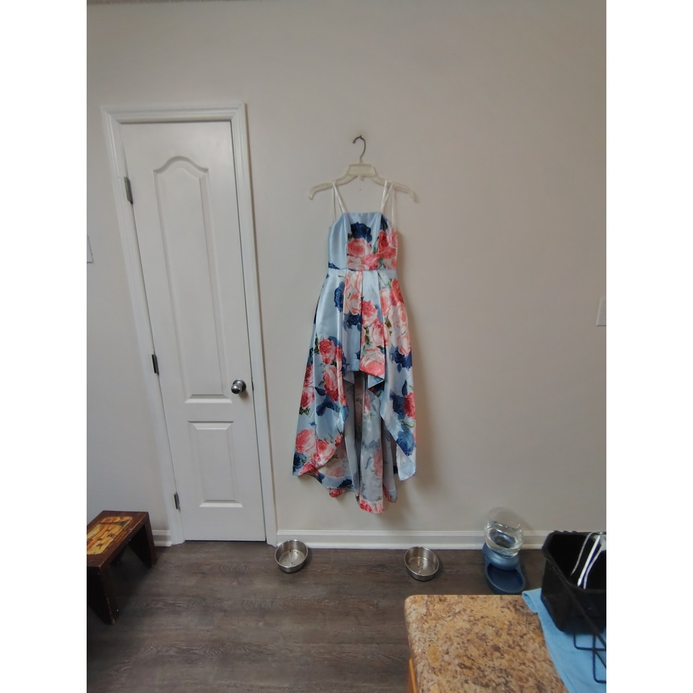Speechless Floral High-Low Dress Light Blue Pink Satin Formal Gown Womens Size 1